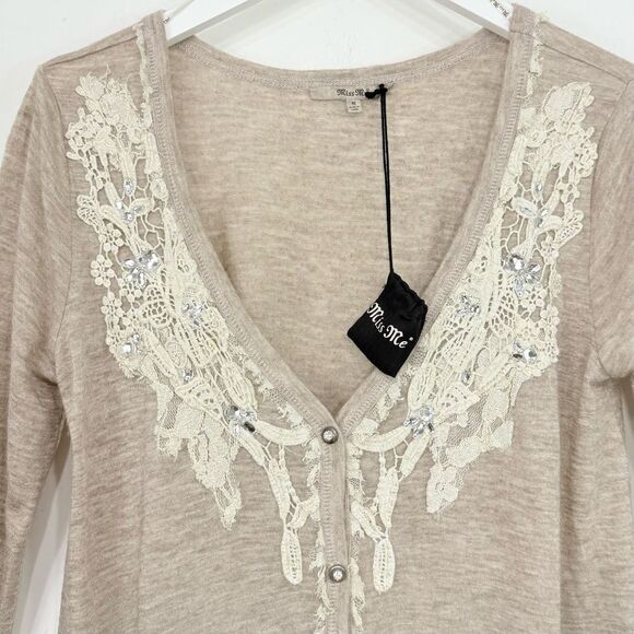 Miss Me Tan Gray Ombré V Neck Lace Trim Rhinestone Jersey Stretch Cardigan NEW - Picture 5 of 16